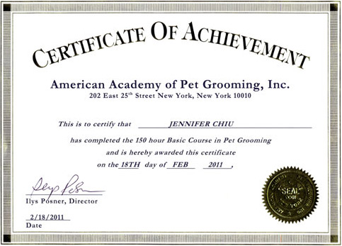 American Academy of Pet Grooming dog grooming certification for Jennifer Chiu